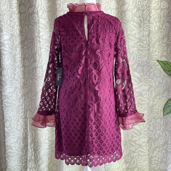 NWT Lulus Burgundy Maroon Lace Mini Dress Chiffon Ruffle & Collar Detail Size‎ S - Picture 7 of 12